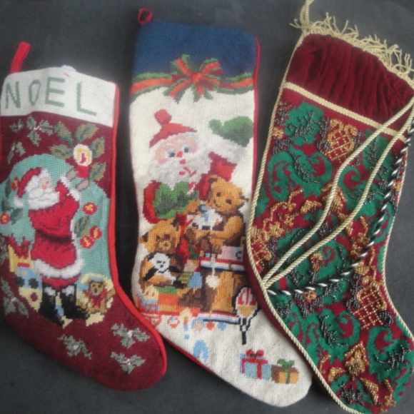 Set of 3 Needlepoint Stockings - Etsy Trio Set of 3 Xmas Needlepoint Beaded Stockings